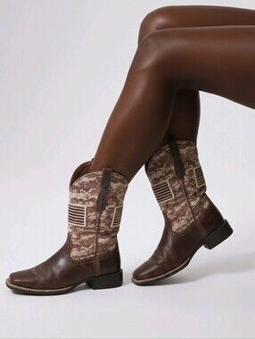 Ariat Sport Patriot Western Men Sz 7 Brown Sand Camo Square Toe US Flag Boots